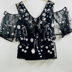 Kobi Halperin Black Lace Floral White Embroidered Cold Shoulder Size L